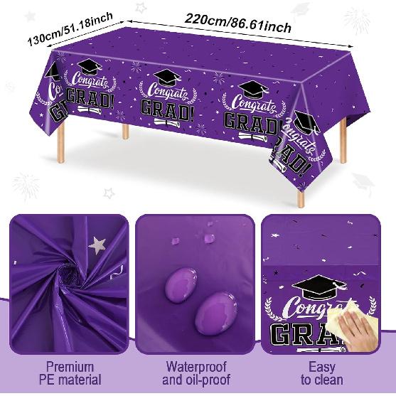 Staraise 2025 Graduation Party Table Decorations 3PCS Purple Graduation Tablecloths,Waterproof Plastic Rectangular Disposable Table Cover for