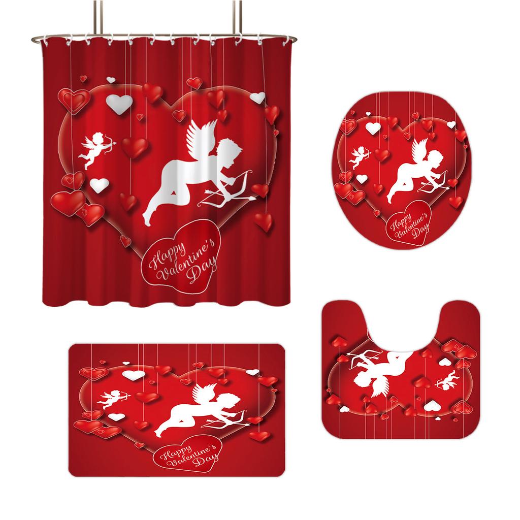 4pcs Valentine's Day Romantic Rose Flower Printed Bathroom Set Waterproof Shower Curtain Floor Mat Toilet Mat U-Shaped Mat
