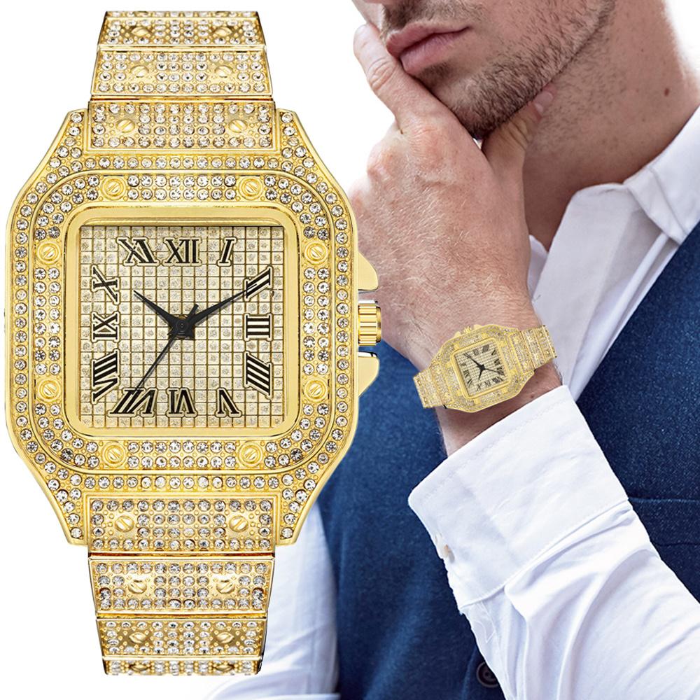 Klassische Luxus Business Herren Stahlband Quadratisch Römische Ziffern Strass Quarz Uhr Lesiure Herren Armbanduhr