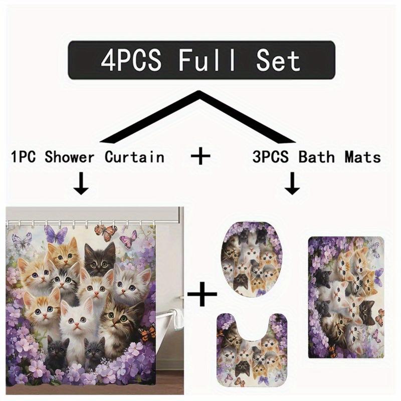 1/4 buc Lux Pisică și Fluturi Impermeabil Perdea de Duș Set Decorativ Baie Set Covor Antiderapant Covor Toaletă Capac Baie și 12 Cârlige