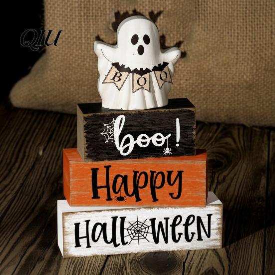 Small Halloween Room Decor Ghost Decoration, Wooden Sign Tiered Tray Ornament, Farmhouse Table Decorations Tabletop Centerpiece for Coffee Bar Kitchen