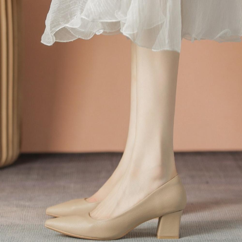 Women's French Nude High Heels 2025 Spring Autumn New Soft Leather Non-Tiring Feet Commuting Work Interview Versatile Shoes XCY40-555