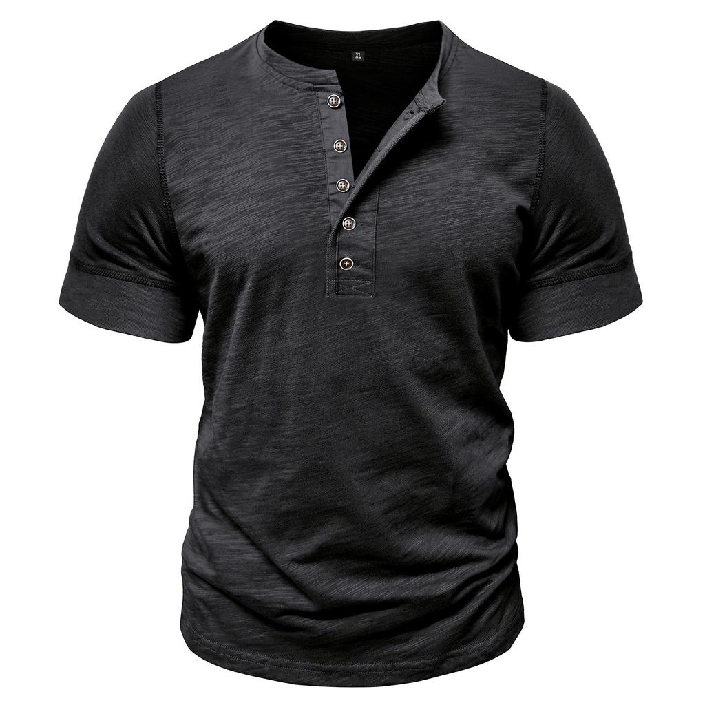 Men’s T-shirts Henley Collar Short Sleeves Cotton Polo Shirts Solid Color Casual Tops