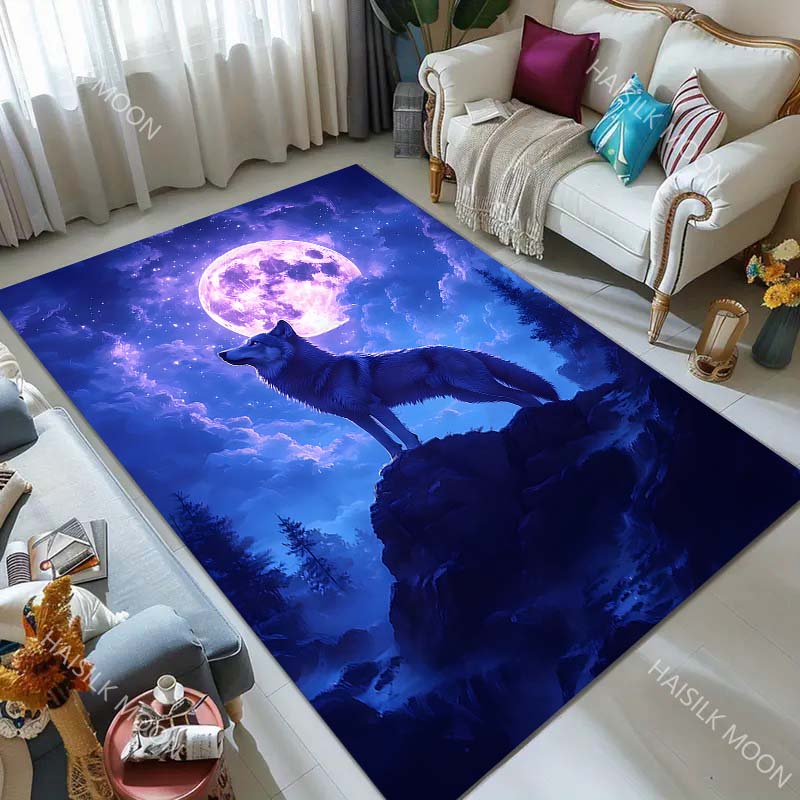 Lone wolf on mountain under moonlit sky Print Carpet for Living Room Bedroom Sofa Home Decor Rus Non-slip Floor Mat Luxury Gift