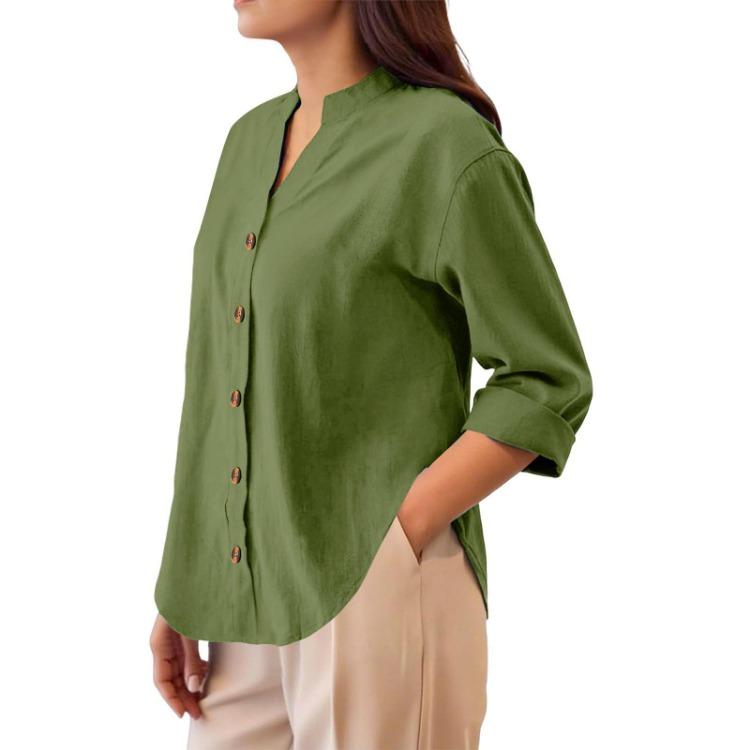 Lightweight Casual Blouse Loose Fit Button Down Shirt Long Sleeve Stand Collar Everyday Wear Relaxed Fit Women