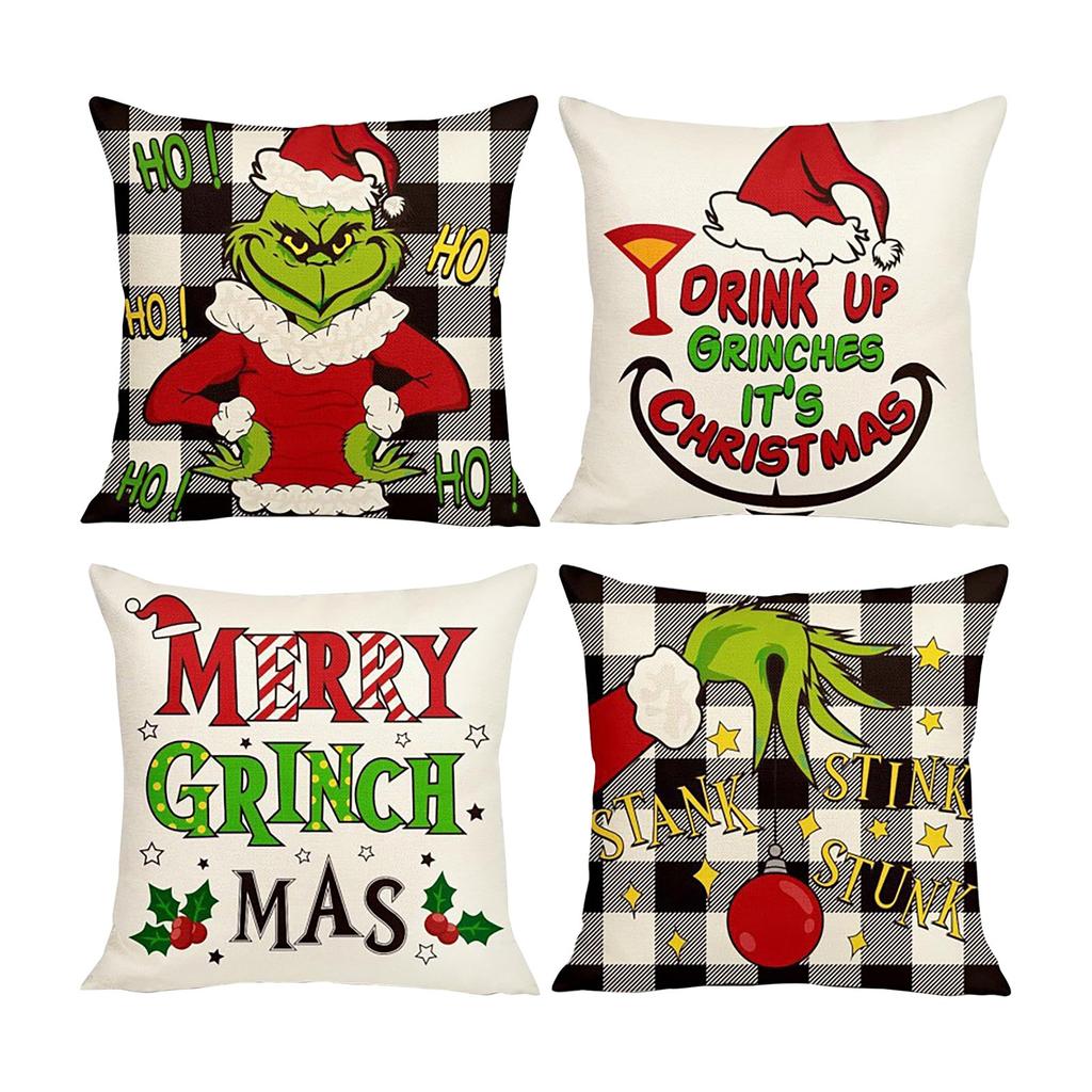 4PCS Christmas Happy Throw Pillow Cover, 18 X 18 Inch, Winter Holiday Cushion Cover Sofa Decor