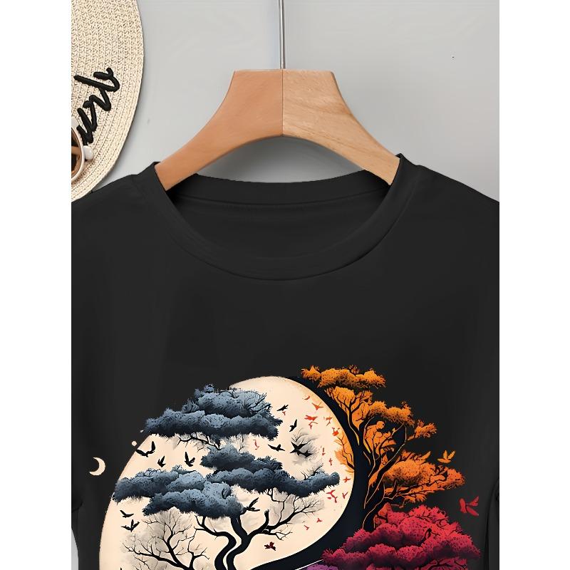 Evropské velikosti Dámské tričko s krátkým rukávem - Tmavě modré Yin-Yang Květinový Nebeský Grafický Potisk, Prodyšný Ležérní Jarní Letní Top