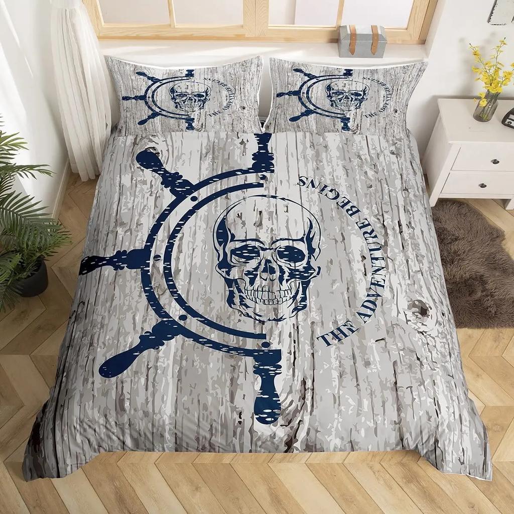 Skull Bedding Duvet Cover Set, White and Black Boho Gothic Skull Skeleton Bones Theme Bed Comforter Cover for Adults Decor