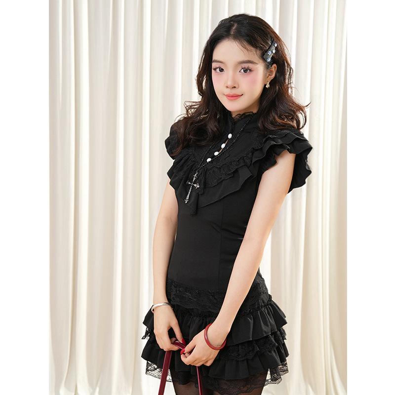 Vintage Slimming Black Lace Two-Piece Set: Short Sleeve Shirt & Layered Mini Skirt