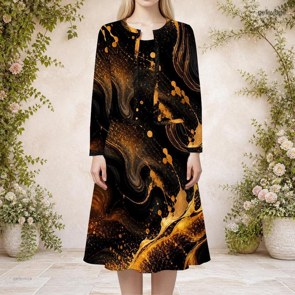 Damen Plus Size Rundhals Langarm Cardigan mit Galaxie-Print und Kleid Zweiteiliges Set