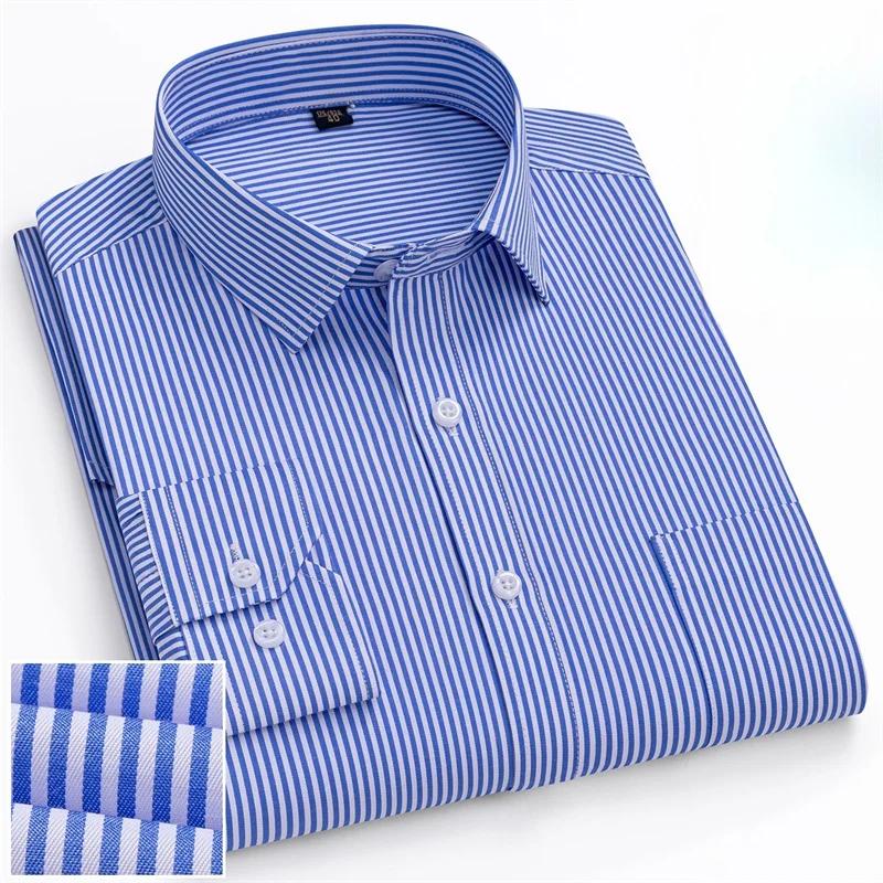 6XL Work Blue White Shirt Long Sleeves Men Formal Shirt Long Sleeve Office Solid Color Classic Striped Fashion Business Pocket