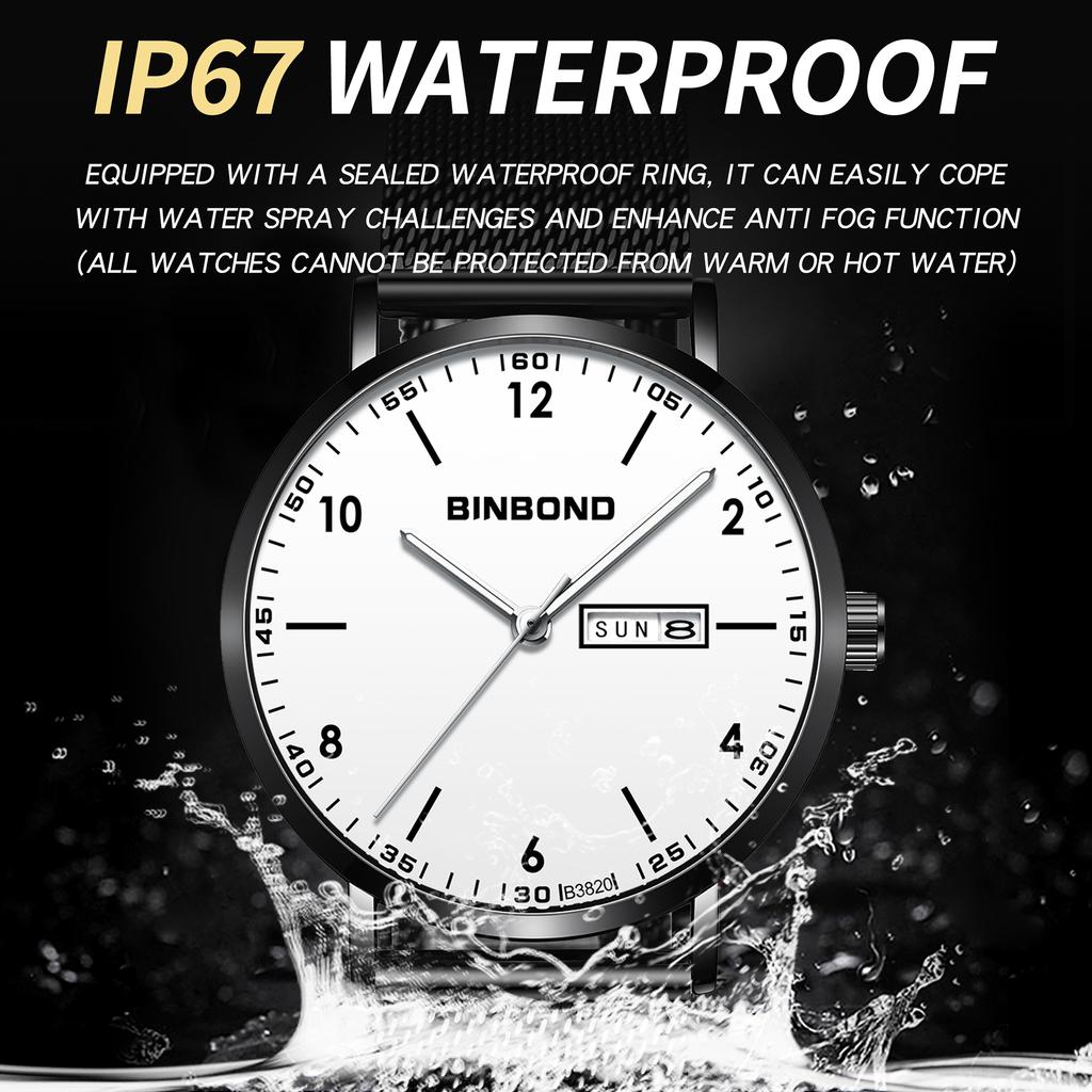 BINBOND Luxury Quartz Wristwatches For Men Luminous Waterproof Week Display Auto Date Men's Watch Stainless Steel Reloj