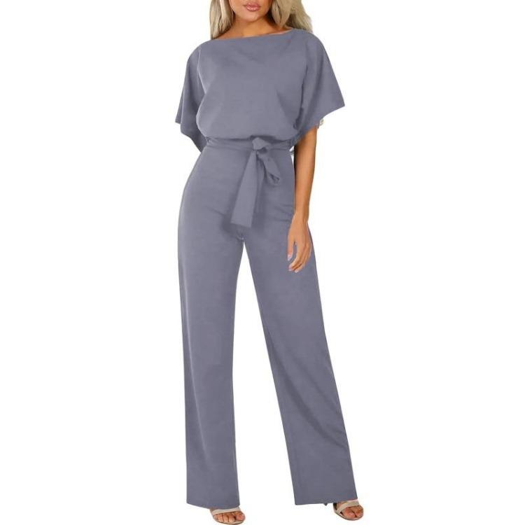 Elegant Women Slimming Jumpsuit with Batwing Short Sleeve and Lace Up Waist Solid Color Commuting Pantis Fashion Outfit