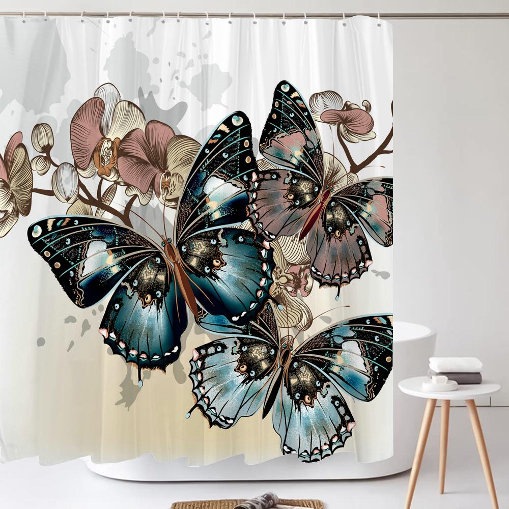 Zasłony prysznicowe z wzorem motyli 3D, zasłona łazienkowa z kwiatami, z haczykami, wodoodporna tkanina poliestrowa, zasłona z nadrukiem do łazienki