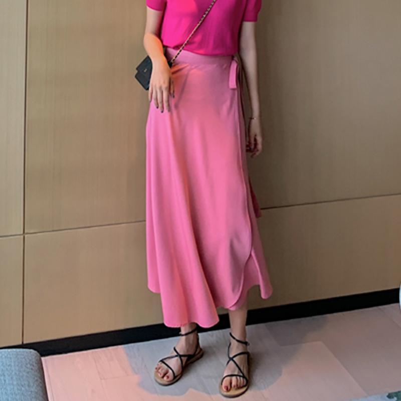 Summer Elegant Stain Women A-Line Long Skirts Side Split High Waist Fashionable Umbrella Beach Female Skirts