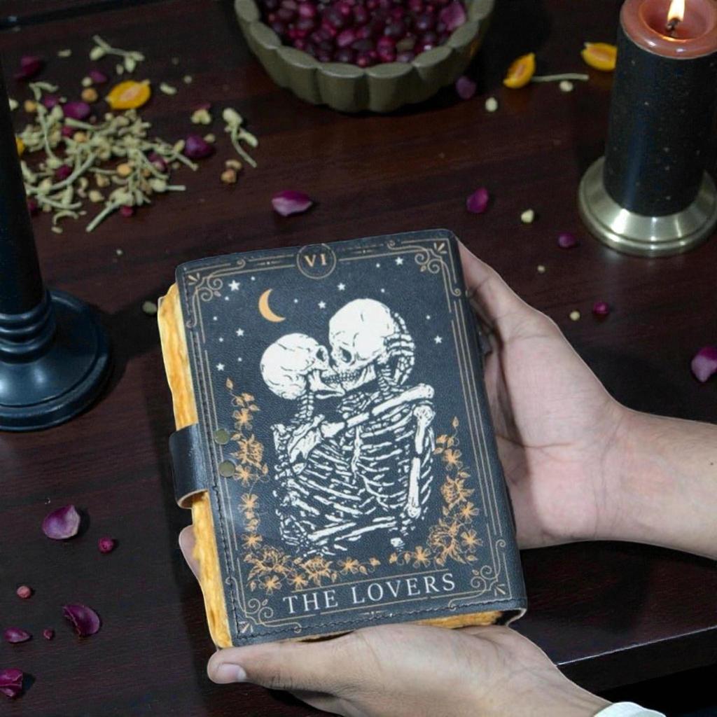 Handmade The Lovers Tarot Leather Journal – 200 Pages Gothic Spell Book of Shadows Grimoire Witchy Gifts For Women, Witch Notebook