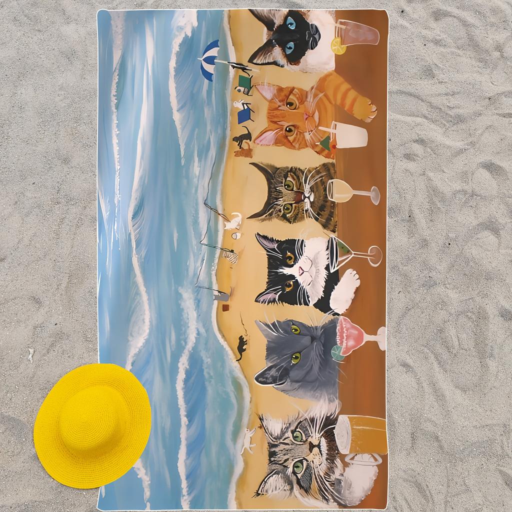 Cute Cat-Printed Beach Towel: Dive into Fun by the Sea! Suitable for towels, bath towels, beach towels
