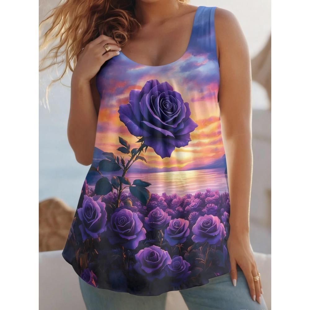 Summer Women's Large Size 3D Printing Flower Vest Loose Fashionable Comfortable Soft Breathable O Neck Sleeveless Vest