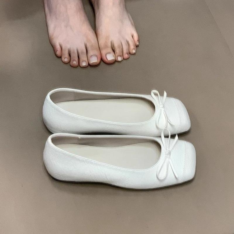 Fashion Single Shoes Women's New Spring and Summer Square Toe Shallow Mouth Bow Soft Sole Non-slip Wear-resistant Flat Shoes