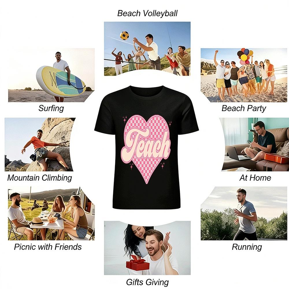 Checkerboard Heart Teach Graphic Teacher Casual Print Top Pure Cotton T-shirt