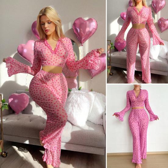Women Valentine's Day Pajamas Set Sexy Heart Print Ruffle Hem 2 Piece Lounge Pjs Set