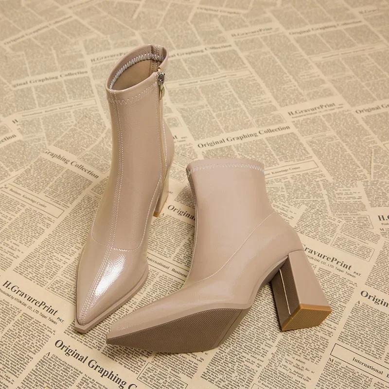 Fashion Autumn Womnen's High Heel Ankle Boots New Winter Plus Velvet Pointed Toe Chunky Heel Chelsea Boots for Women Heeled Sheos Dress
