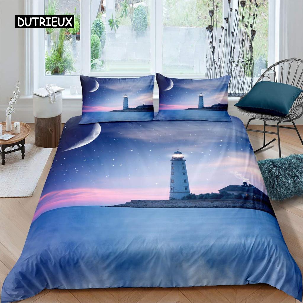 Lighthouse Duvet Cover Set Nautical Surfing Ocean Wave Bedding Set Queen Polyester Coastal Nature Theme Quilt Cover for Kids Boy