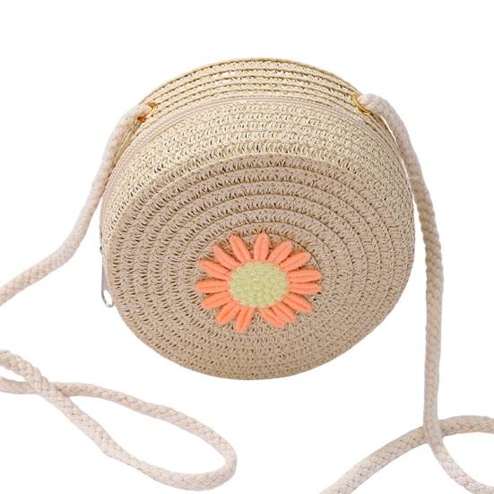 Children Shoulder Bag Straw Woven Flower Decor Pastoral Style Crossbody Bag Zipper