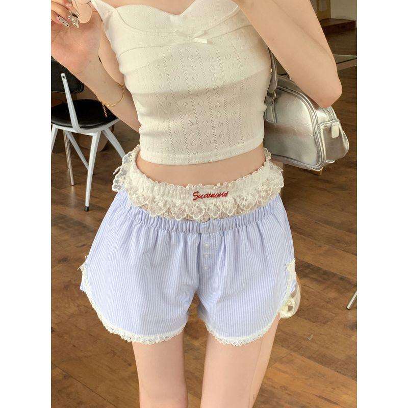 

Pure Desire Sweet and Spicy Outfit Two-Piece Set Casual Shorts for Women Summer 2024 New Lace Leggings Striped Blue Outerwear M