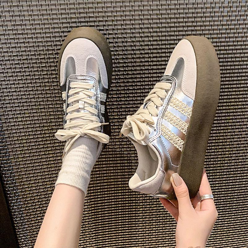 Dexun shoes women's silver new spring platform heightening small lace casual retro sports board shoes