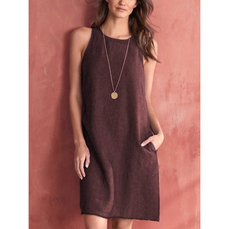 Kadın Modası Yaz İlkbahar Düz Renk Baskılı Kolsuz O Yaka Bol Beli Günlük Elbiseler