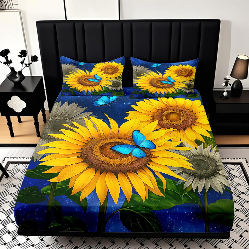 Home Textiles Sunflower Pattern 3D Digital Printing Sanded Sheet Three-Piece Set, Pattern