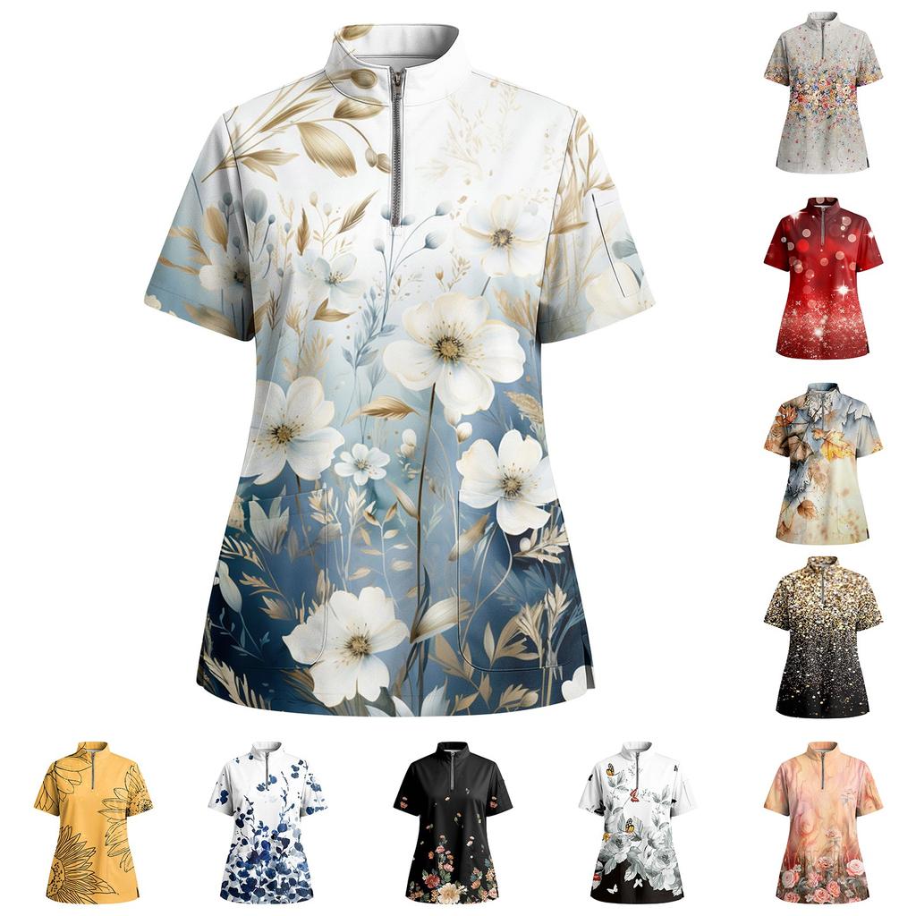 Women's Short Sleeved Printed V-neck Buttonable Side Slit Top T-shirt