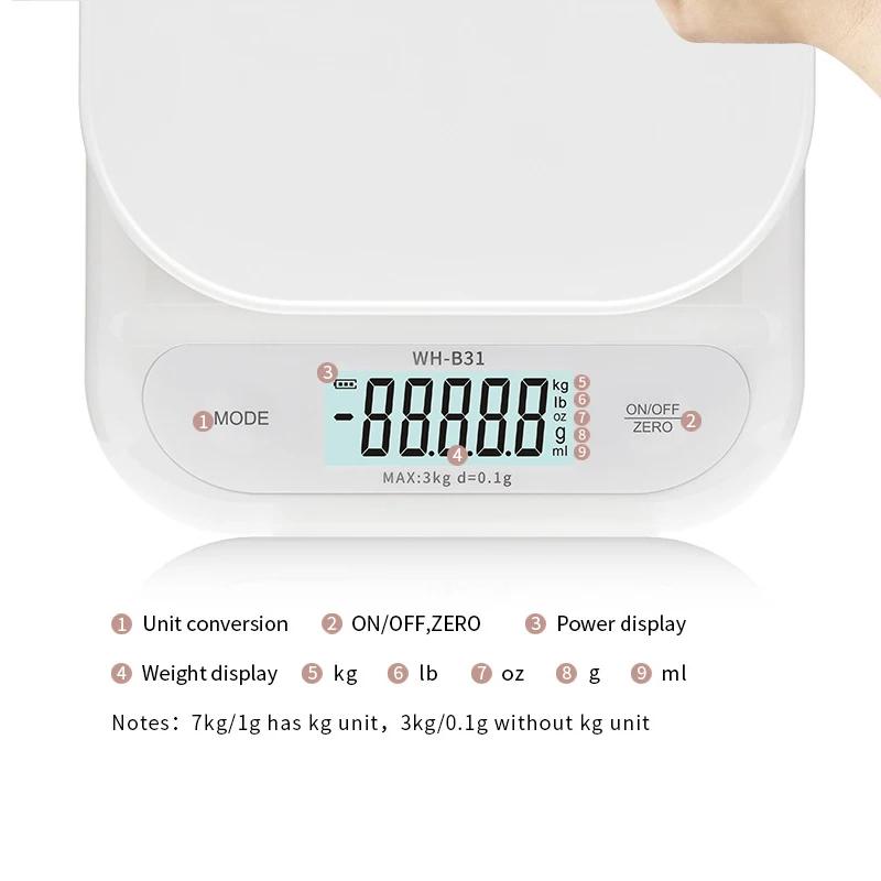 WH-B31 Kitchen Scale LCD Display USB Charging/Battery High Precision Kitchen Electronic Scale Tea Scale Weighing Baking Tools