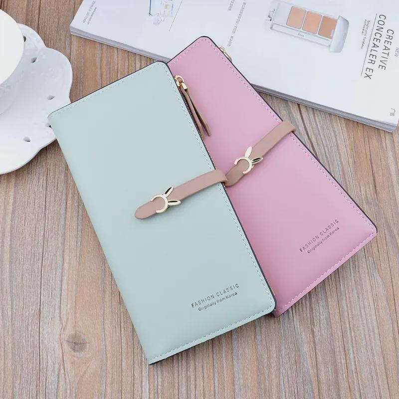 Dámská dlouhá peněženka na zip v korejském stylu - Módní štíhlý design s více přihrádkami na karty a zapínáním na přezku