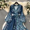 Robe Longue Wrap Imprimé Cachemire à Col en V et Manches Longues pour Femme Taille Moyenne Ceinture à Nouer Robe Longue Élégante Coupe A