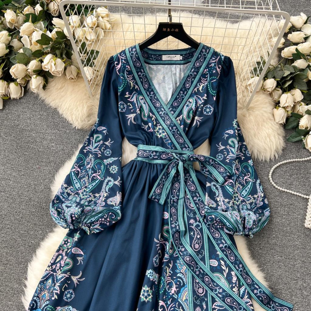 Robe Longue Wrap Imprimé Cachemire à Col en V et Manches Longues pour Femme Taille Moyenne Ceinture à Nouer Robe Longue Élégante Coupe A