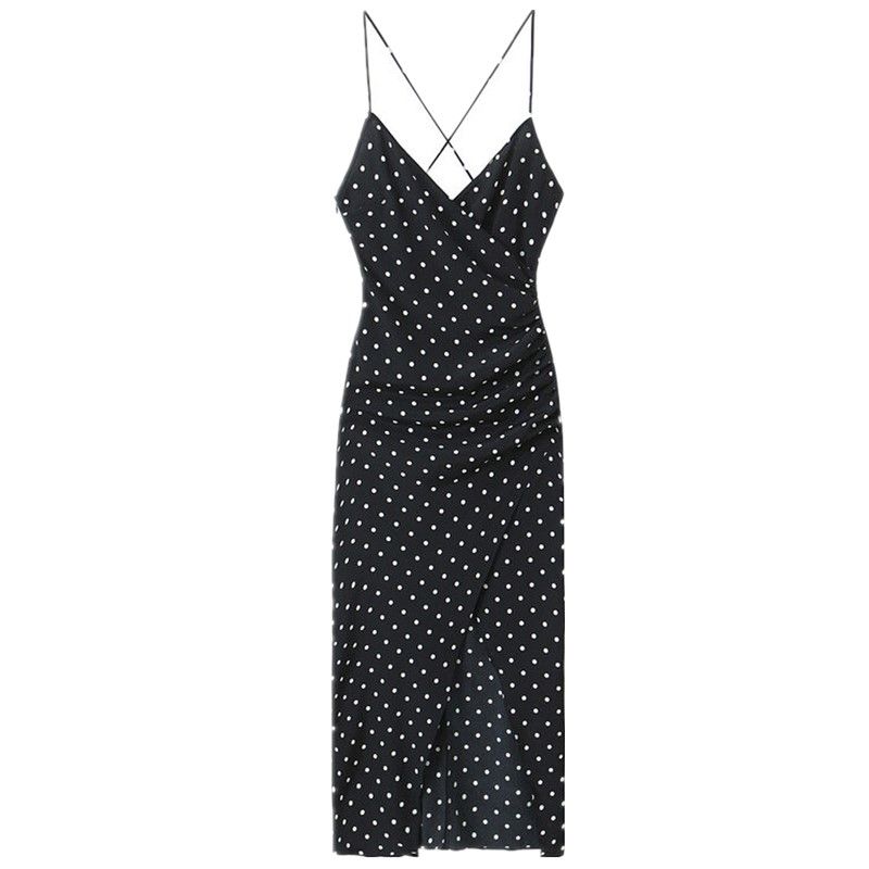 

Fashion Style 2024 Summer New Female Polka-Dot Self-Tie Open Back Ruched Split Suspender Skirt Dress 2976764 Black L