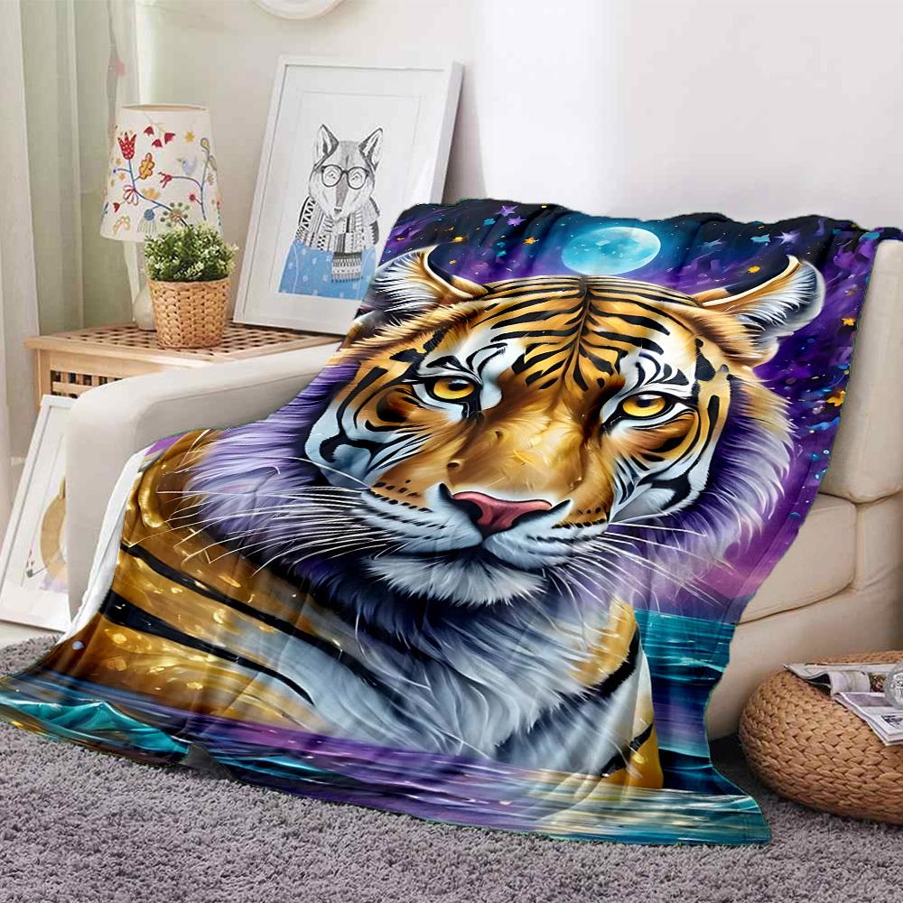 1pc Tiger Moon Night Print Blanket Lightweight Flannel Blanket Throw Blanket For Sofa, Bed, Travel, Camping Yy2509026140