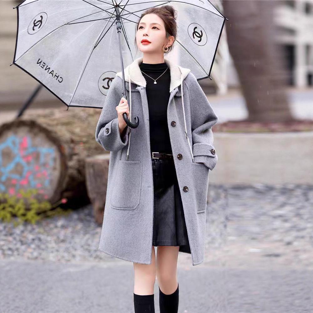Women's Hooded Double-Faced Cashmere Coat - Slim College Style, Mid-Length, Versatile Wool for Autumn/Winter.