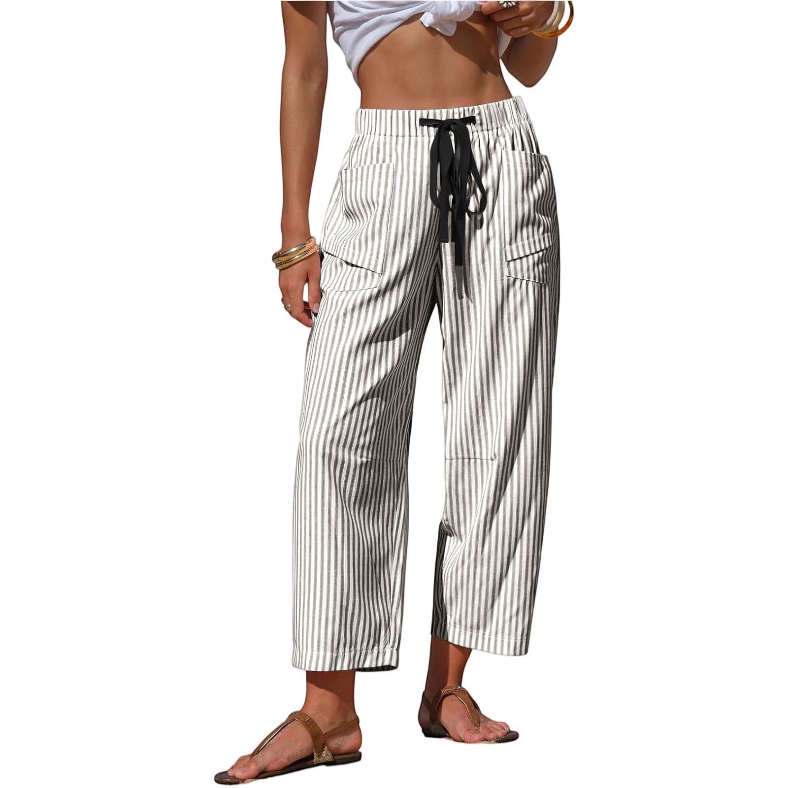Women’s Fashion Striped Drawstring Cropped Pants with Pockets Casual Loose Fit Lightweight Trousers for Daily Wear XXL чёрный