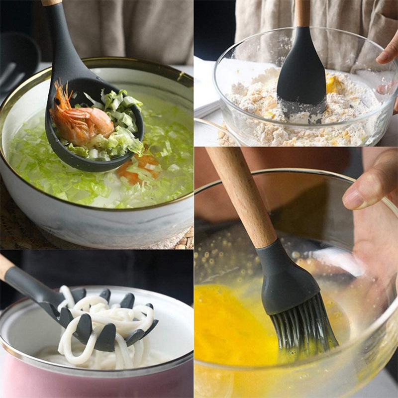 Cooking non-stick pan with storage bucket Silicone kitchen utensils set Silicone spatula spoon 12-piece set Wooden handle kitchen utensils set Cooking