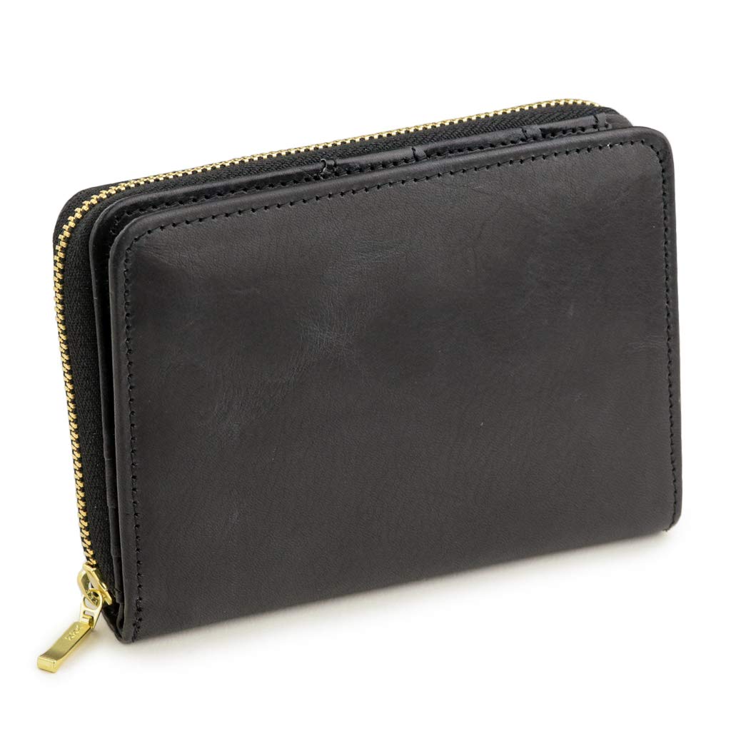 

Made in Japan Vintage Waxed Leather Genuine Leather Round Zipper Bifold [Abies] Wallet… (Black)