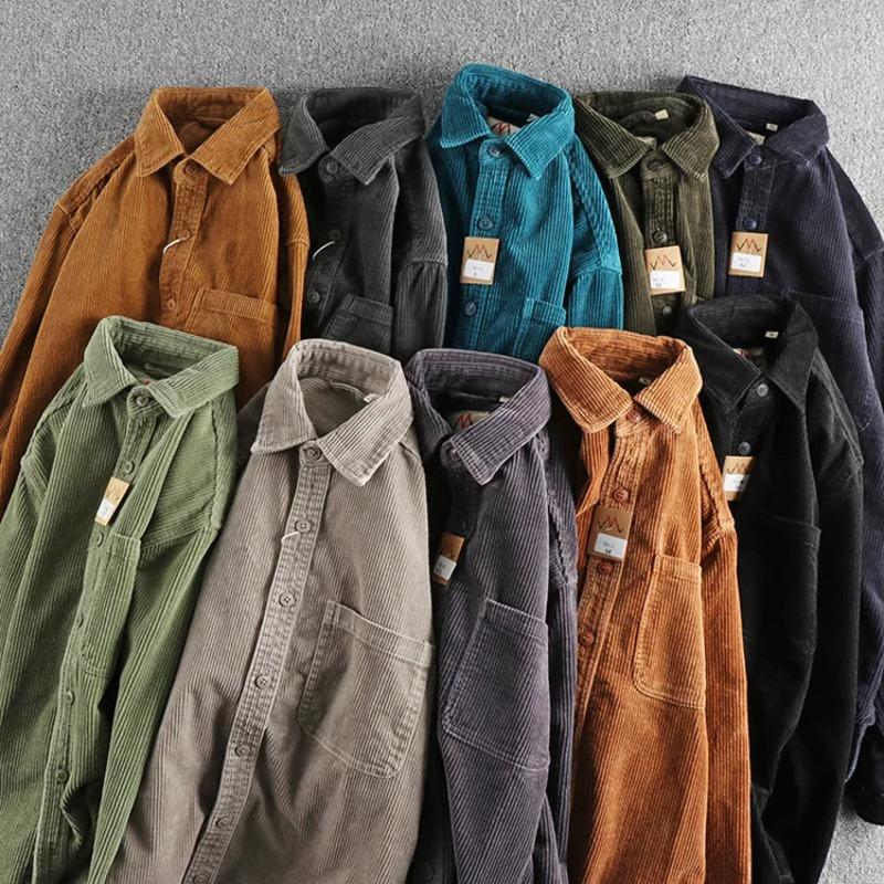 Solid Color Corduroy Vintage Shirt Men Spring Fashion Simple Basic Long Sleeve Blouse America Style Coats