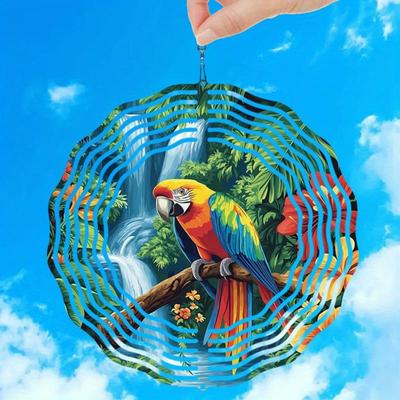 2D Tropical Rainforest & Parrot Wind Spinner – Vibrant Metal Garden Art, Whirling Outdoor Decor with Rotating Chime for Yard