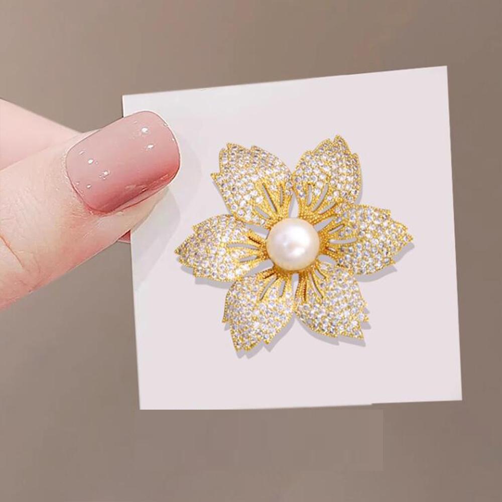 Gold Color Bauhinia Brooches Pearl Women's Corsage Flower Suit Wedding Party Elegant Lady Accessories Pin