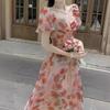 Elegant Fairy Floral Square-Neck Dress - Waist-Cinching Princess Design for Women, Perfect for Summer Tea Breaks