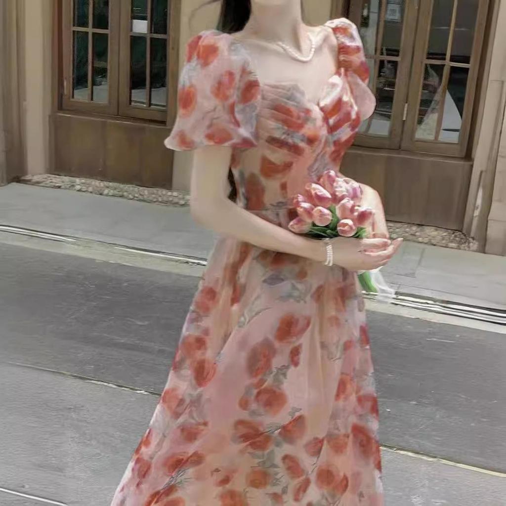 Elegant Fairy Floral Square-Neck Dress - Waist-Cinching Princess Design for Women, Perfect for Summer Tea Breaks