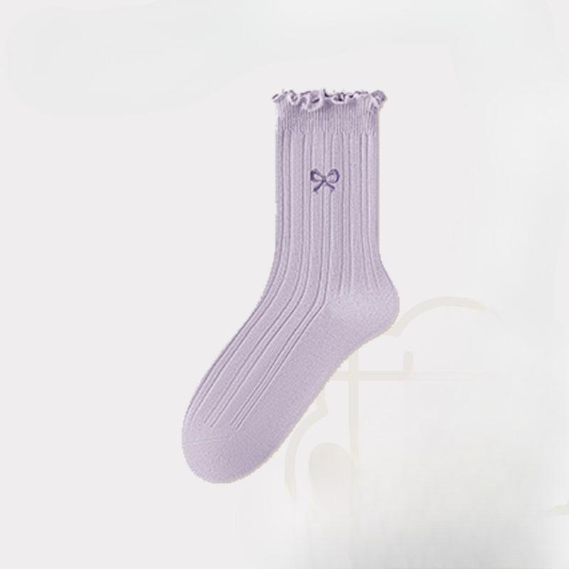 

Женские хлопковые гольфы до середины икры, летние, с бантом, кружевные, однотонные, весенне-осенние, длинные, с краем «чёрный гриб» 1 pair фиолетовый