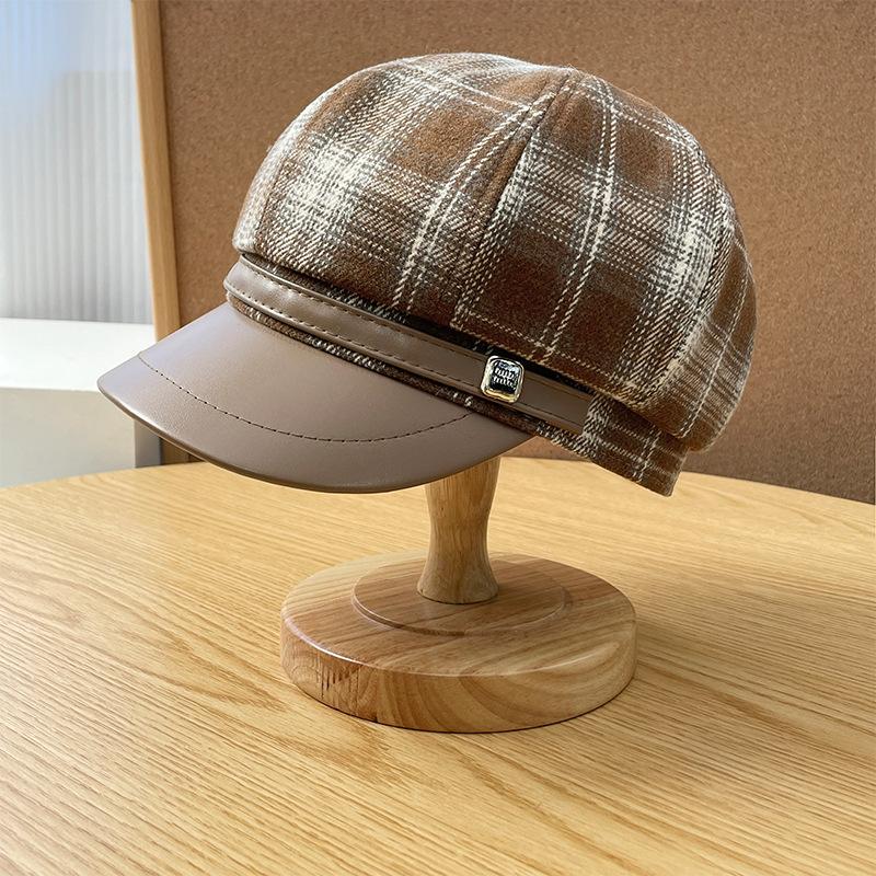 Hat Female Autumn and Winter Versatile Wool Duck Tongue Beret Show Face Small Warm Octagonal Hat Big Head Newsboy Hat